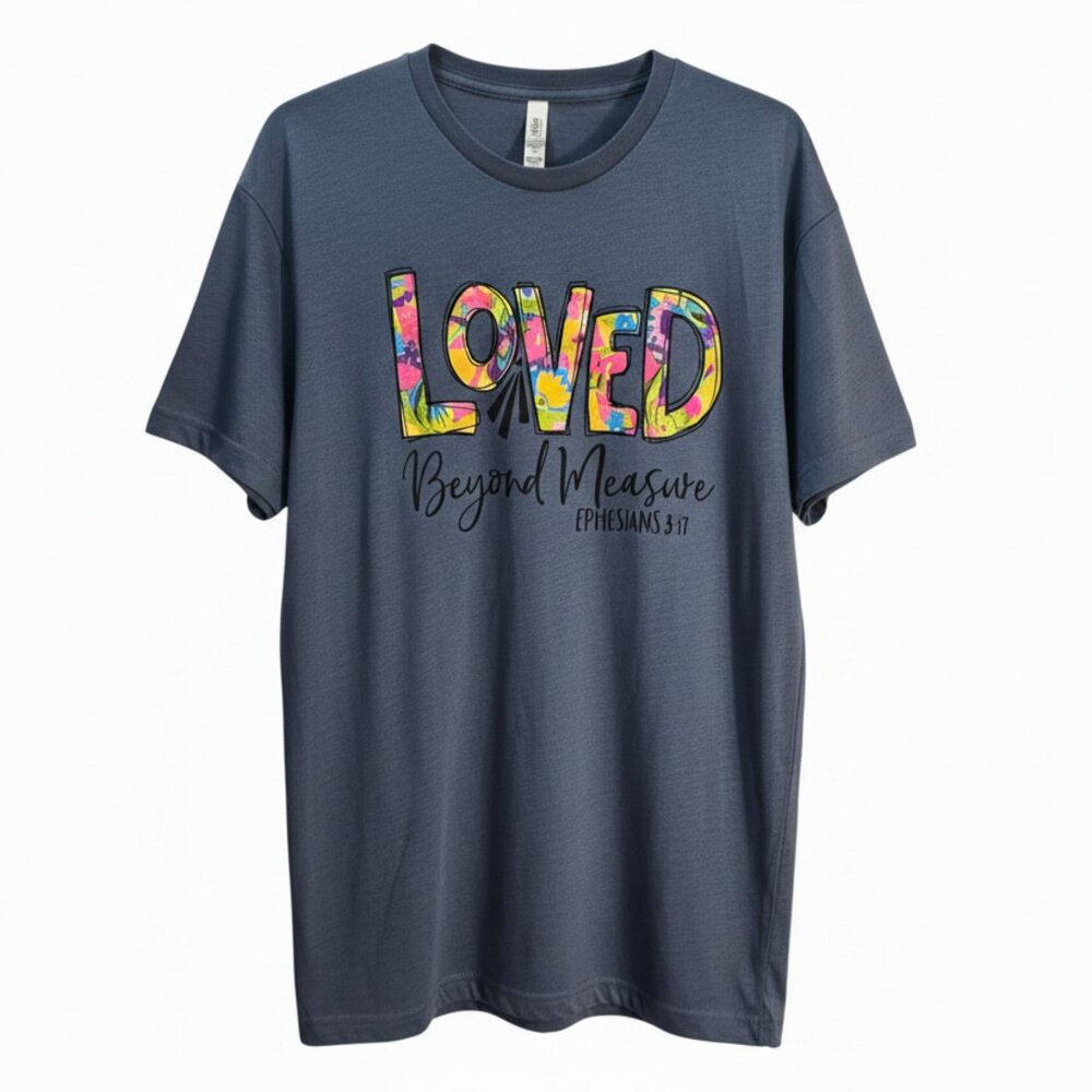 NWOT | Love in Faith "Loved Beyond Measure" Ephesians 3:17 Graphic Tee | Denim |